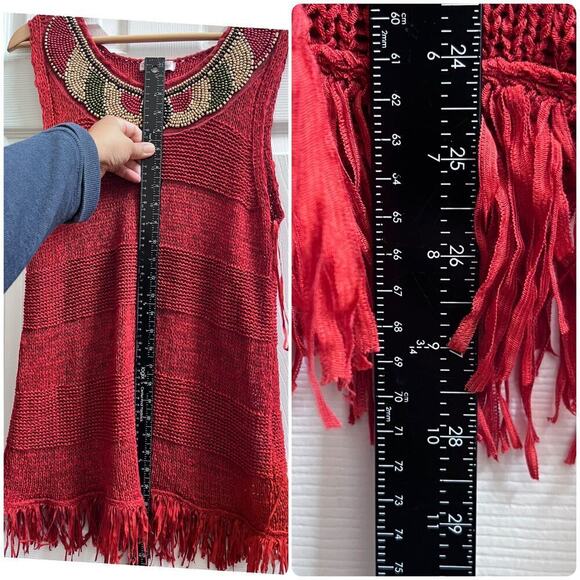 Crochet Open Knit Beaded Embellished Fringe Trim Tunic Micro Mini Dress Large - Picture 6 of 9